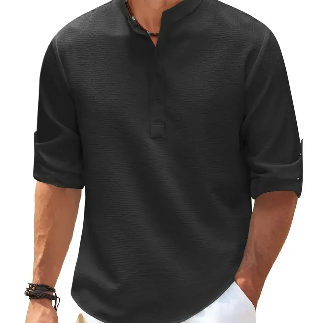 Cotton Linen Hot Sale Men's Long-Sleeved Shirts Spring Autumn Solid Color Stand-Up Collar Casual Beach Style Plus Size S-5XL
