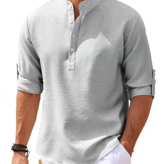Cotton Linen Hot Sale Men's Long-Sleeved Shirts Spring Autumn Solid Color Stand-Up Collar Casual Beach Style Plus Size S-5XL