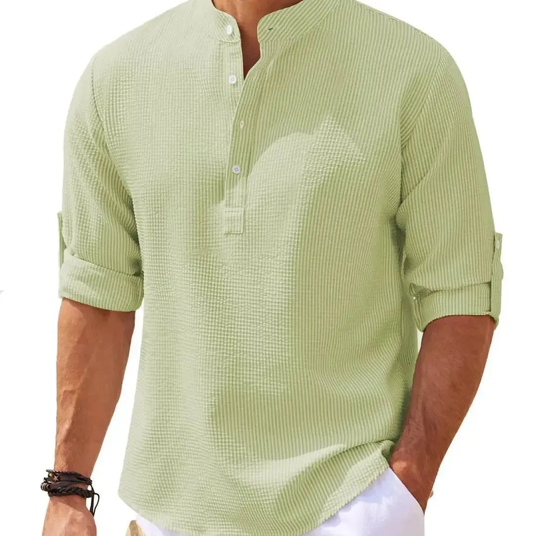 Cotton Linen Hot Sale Men's Long-Sleeved Shirts Spring Autumn Solid Color Stand-Up Collar Casual Beach Style Plus Size S-5XL