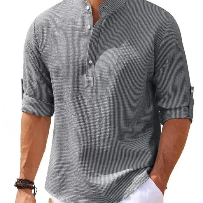 Cotton Linen Hot Sale Men's Long-Sleeved Shirts Spring Autumn Solid Color Stand-Up Collar Casual Beach Style Plus Size S-5XL