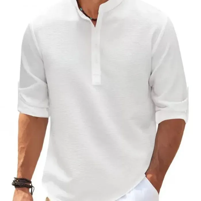 Cotton Linen Hot Sale Men's Long-Sleeved Shirts Spring Autumn Solid Color Stand-Up Collar Casual Beach Style Plus Size S-5XL