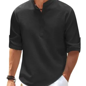 Cotton Linen Hot Sale Men's Long-Sleeved Shirts Spring Autumn Solid Color Stand-Up Collar Casual Beach Style Plus Size S-5XL