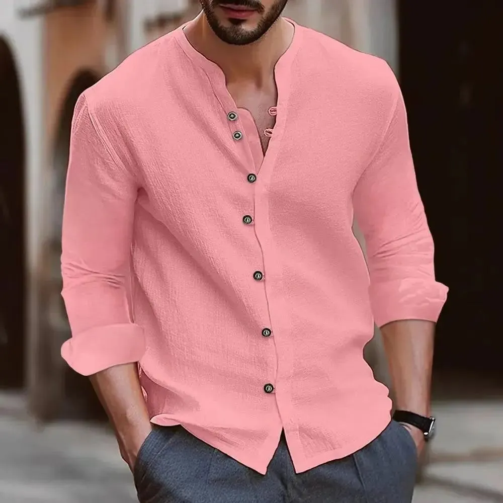 Cotton Linen Men's Long-Sleeved Shirts US Plus Size Spring Summer Solid Color Stand-Up Collar Casual Beach Style Men's Clothing