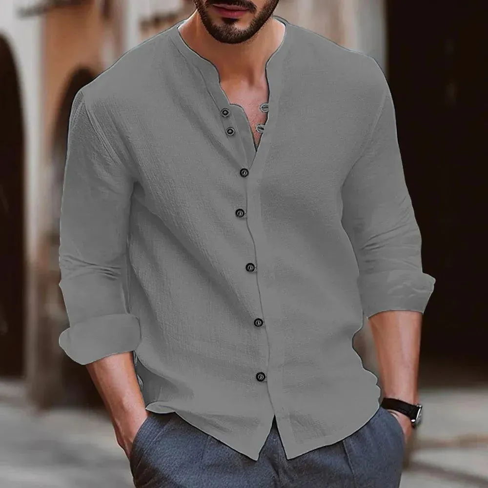 Cotton Linen Men's Long-Sleeved Shirts US Plus Size Spring Summer Solid Color Stand-Up Collar Casual Beach Style Men's Clothing