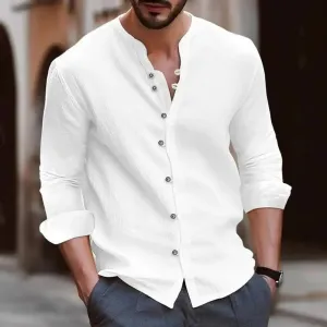 Cotton Linen Men's Long-Sleeved Shirts US Plus Size Spring Summer Solid Color Stand-Up Collar Casual Beach Style Men's Clothing