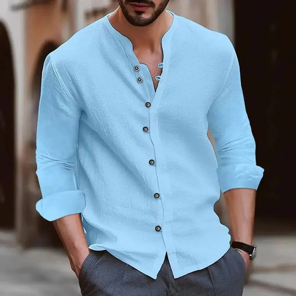 Cotton Linen Men's Long-Sleeved Shirts US Plus Size Spring Summer Solid Color Stand-Up Collar Casual Beach Style Men's Clothing