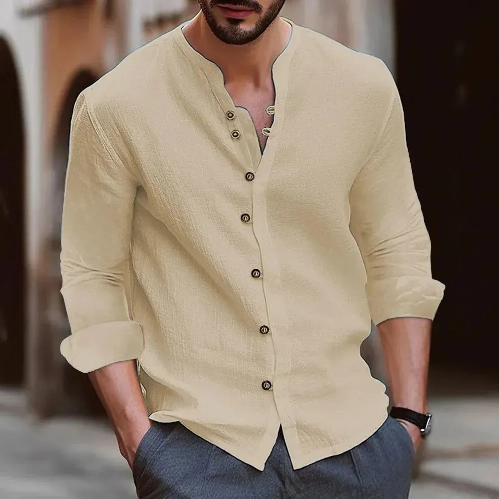 Cotton Linen Men's Long-Sleeved Shirts US Plus Size Spring Summer Solid Color Stand-Up Collar Casual Beach Style Men's Clothing