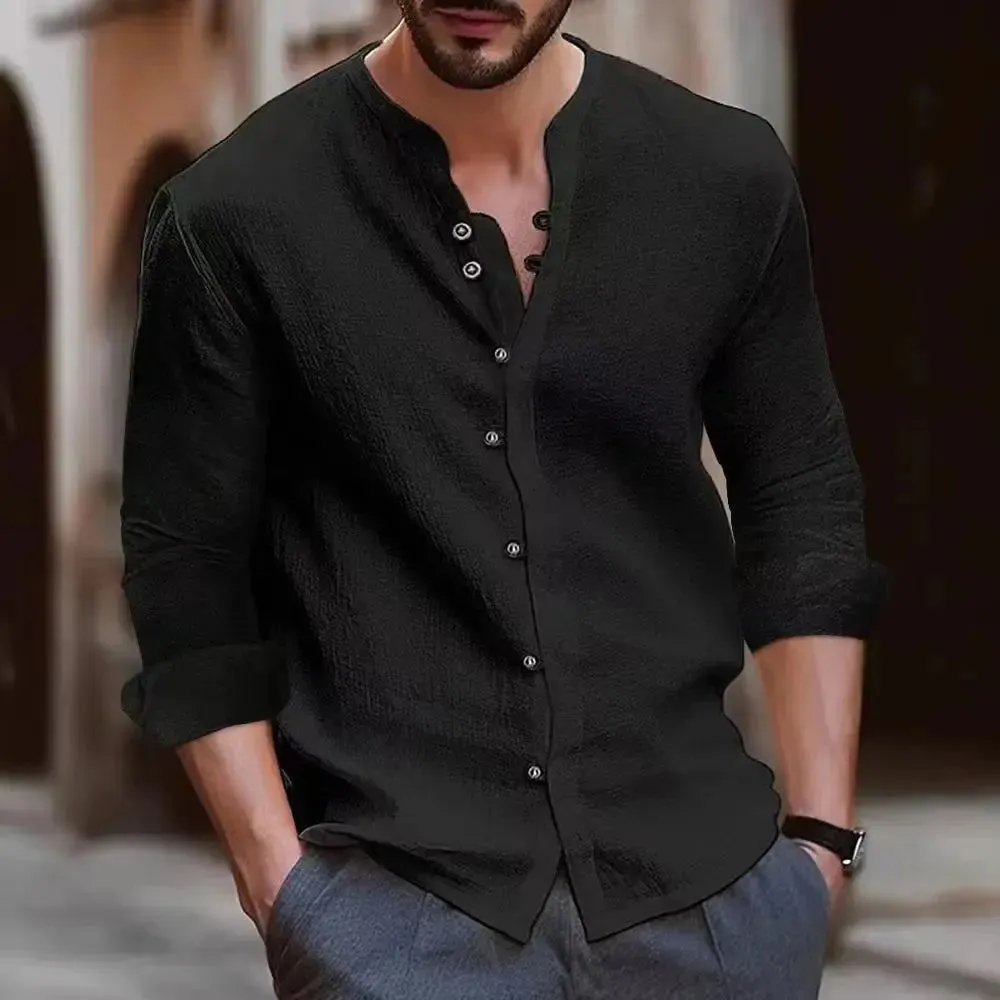 Cotton Linen Men's Long-Sleeved Shirts US Plus Size Spring Summer Solid Color Stand-Up Collar Casual Beach Style Men's Clothing