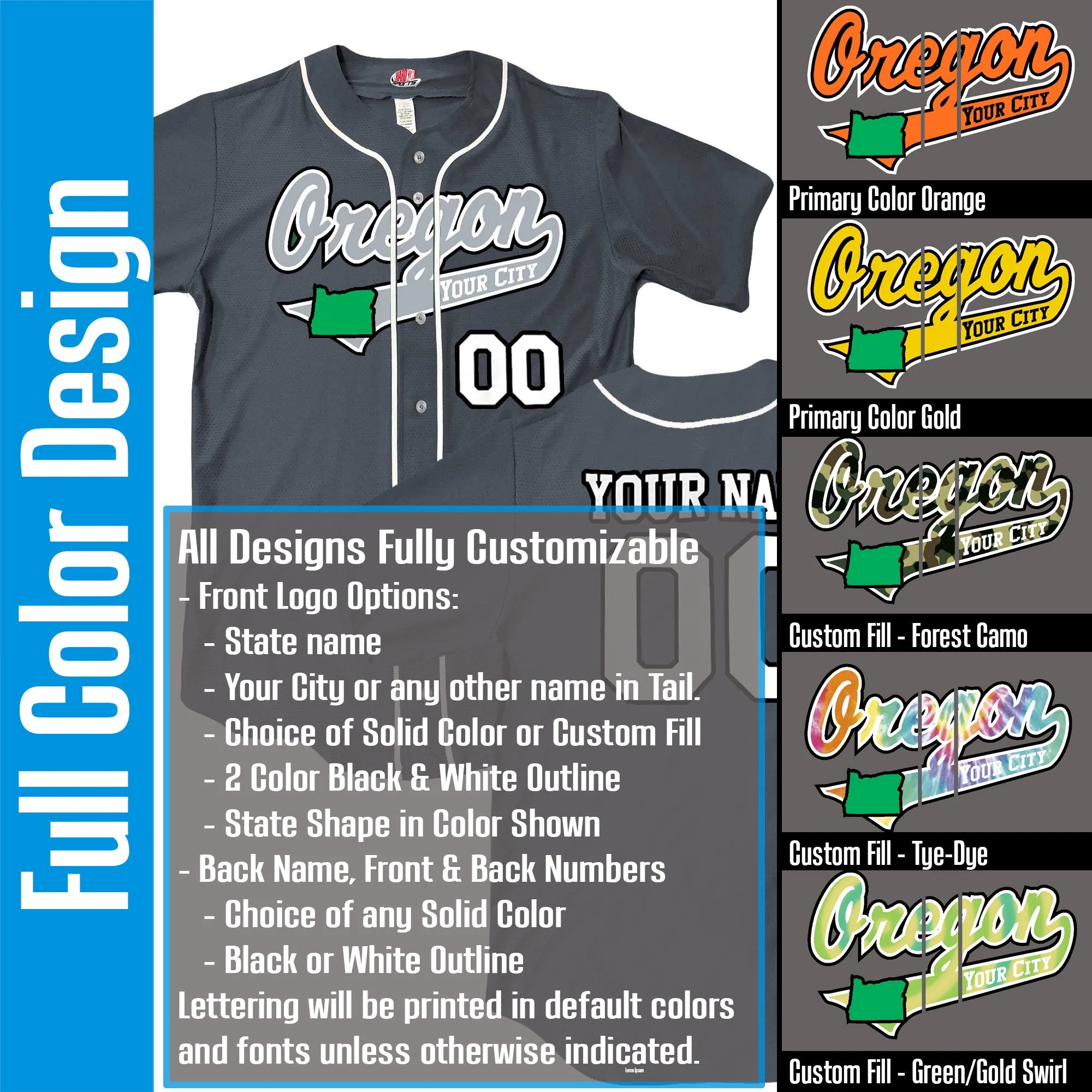 Custom Oregon Baseball Jersey, Dark Green or Graphite Grey, Personalized with Your City, Your Name and Numbers, Choice of Print Options