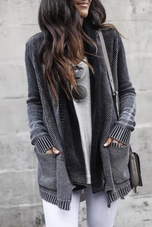 Dark Grey Textured Knit Ribbed Trim Pocketed Open Cardigan