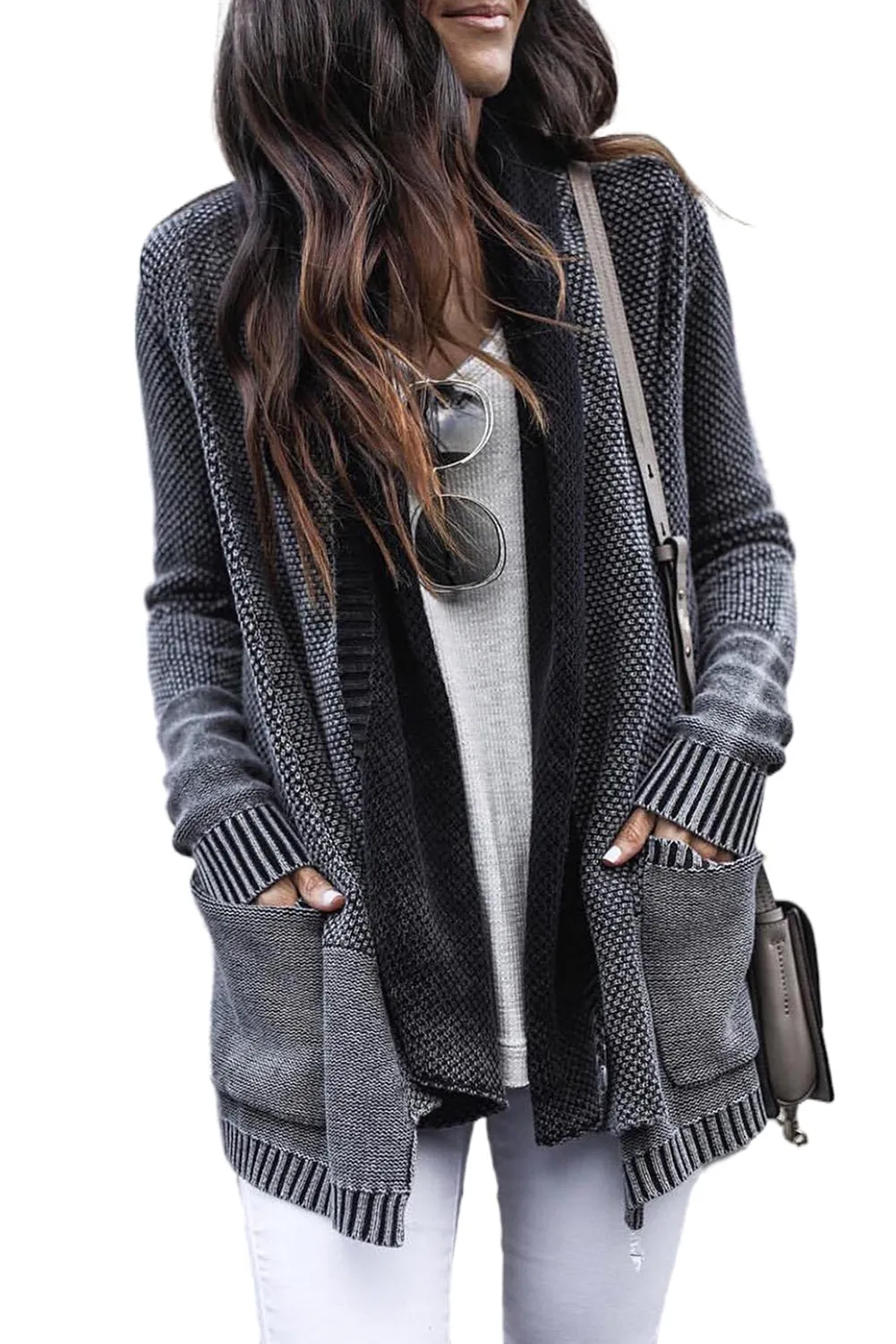 Dark Grey Textured Knit Ribbed Trim Pocketed Open Cardigan