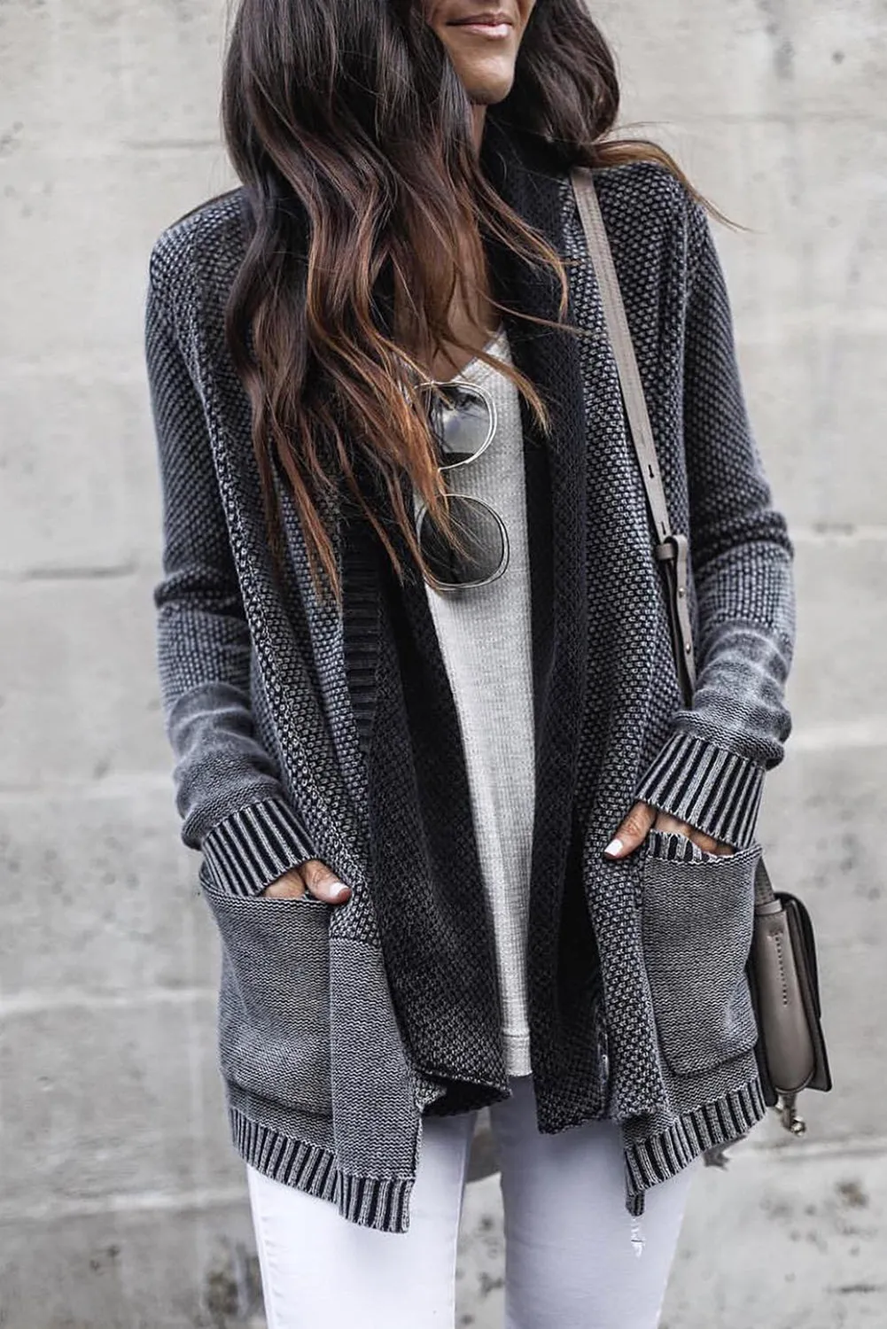 Dark Grey Textured Knit Ribbed Trim Pocketed Open Cardigan