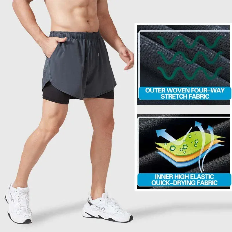 Double Layer Fitness Sports Quick Dry Shorts with inner lining designed for cell phone wallets