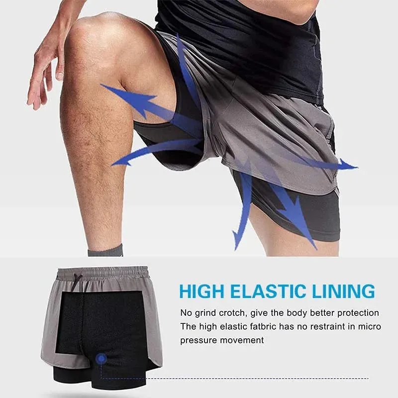 Double Layer Fitness Sports Quick Dry Shorts with inner lining designed for cell phone wallets