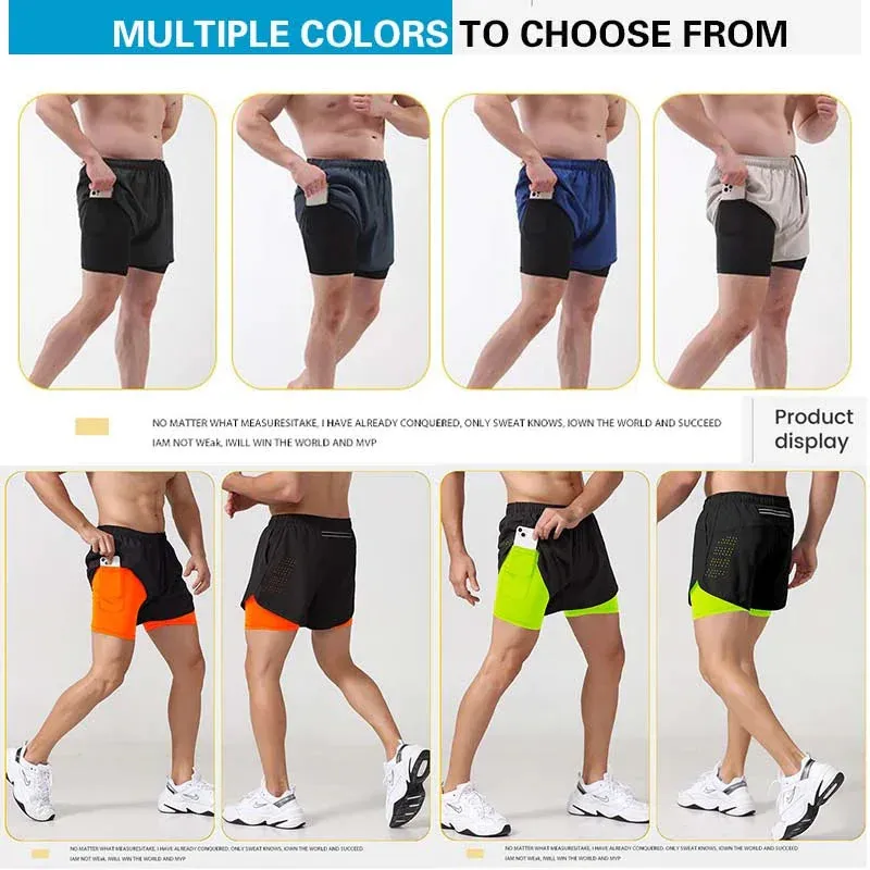 Double Layer Fitness Sports Quick Dry Shorts with inner lining designed for cell phone wallets
