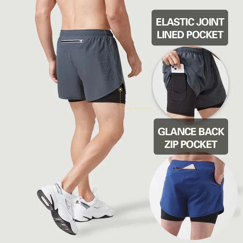 Double Layer Fitness Sports Quick Dry Shorts with inner lining designed for cell phone wallets