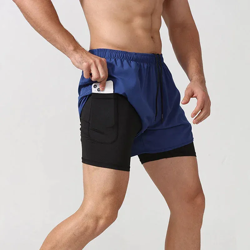 Double Layer Fitness Sports Quick Dry Shorts with inner lining designed for cell phone wallets