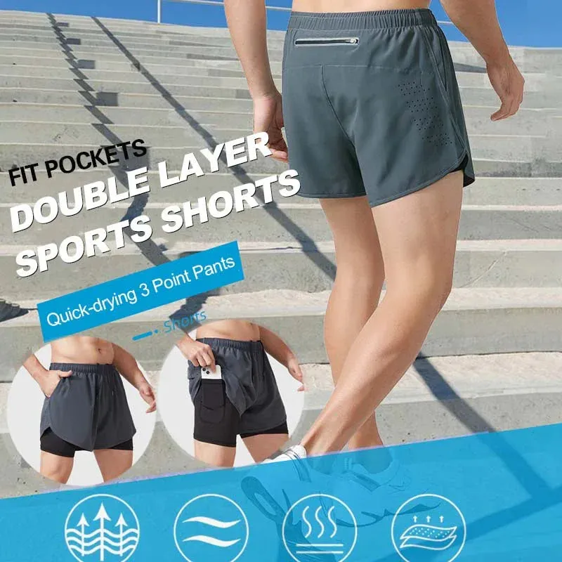 Double Layer Fitness Sports Quick Dry Shorts with inner lining designed for cell phone wallets