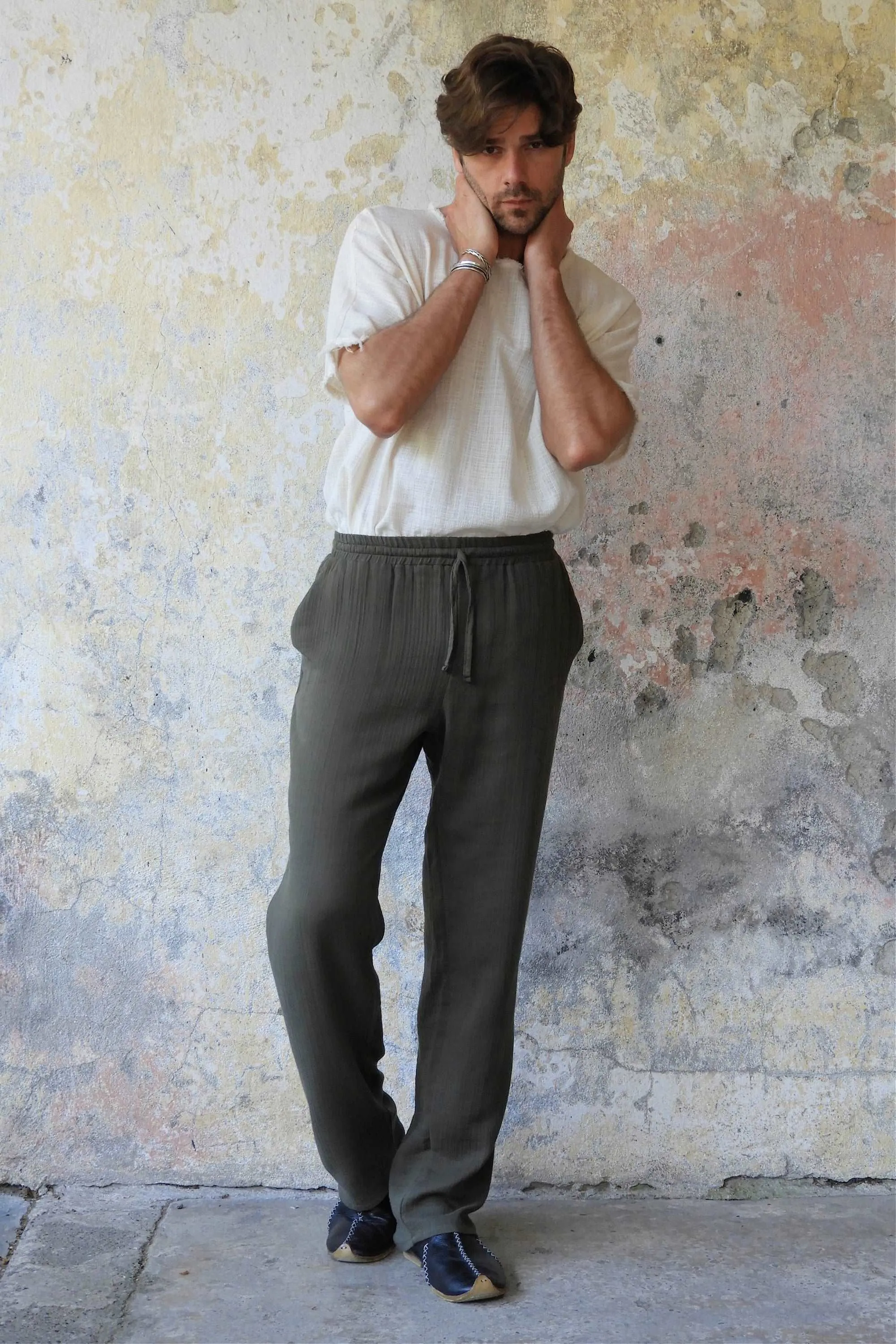 DUNE Men's Organic Gauze Cotton Pants (Army Green, Dusty Mint)