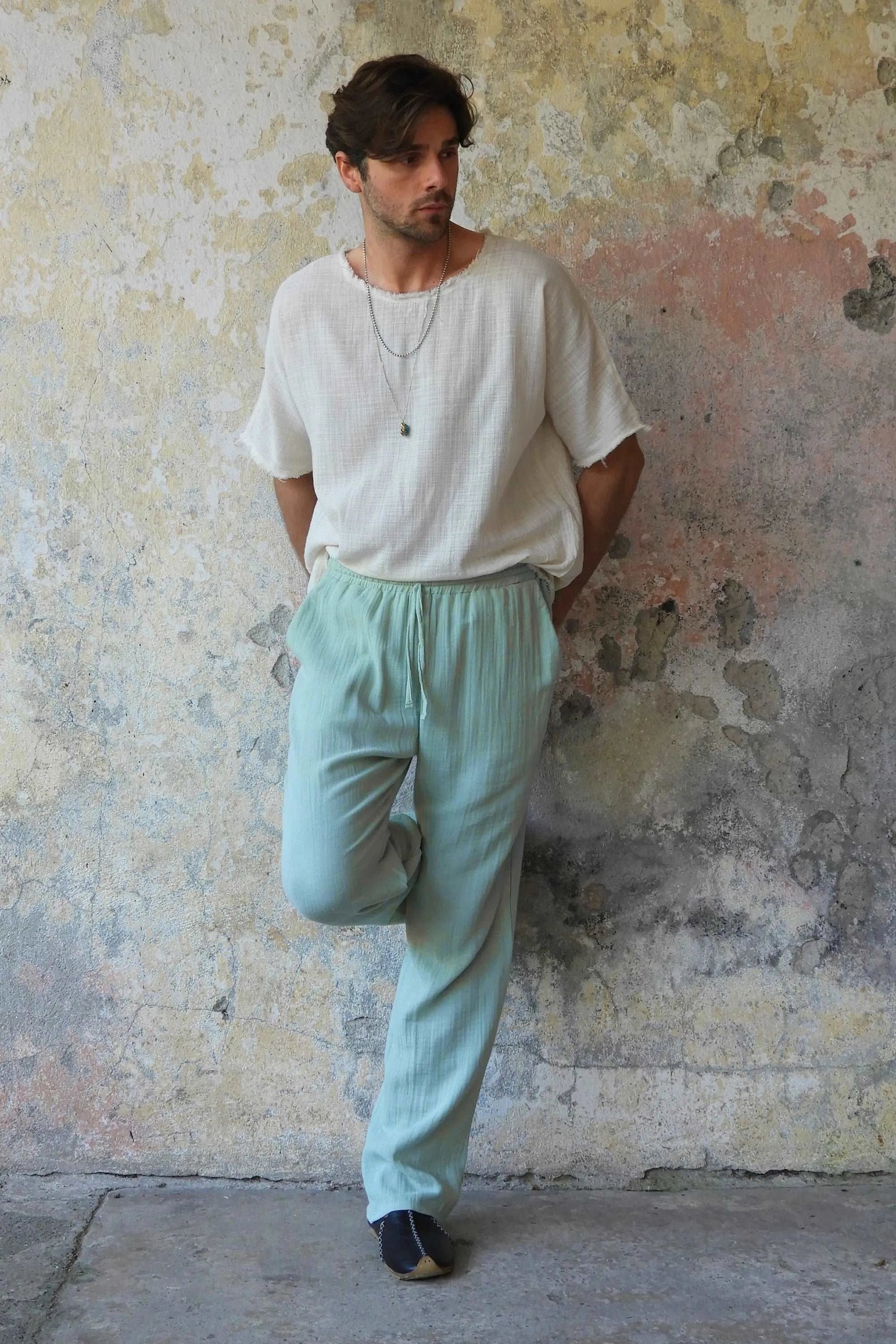 DUNE Men's Organic Gauze Cotton Pants (Army Green, Dusty Mint)