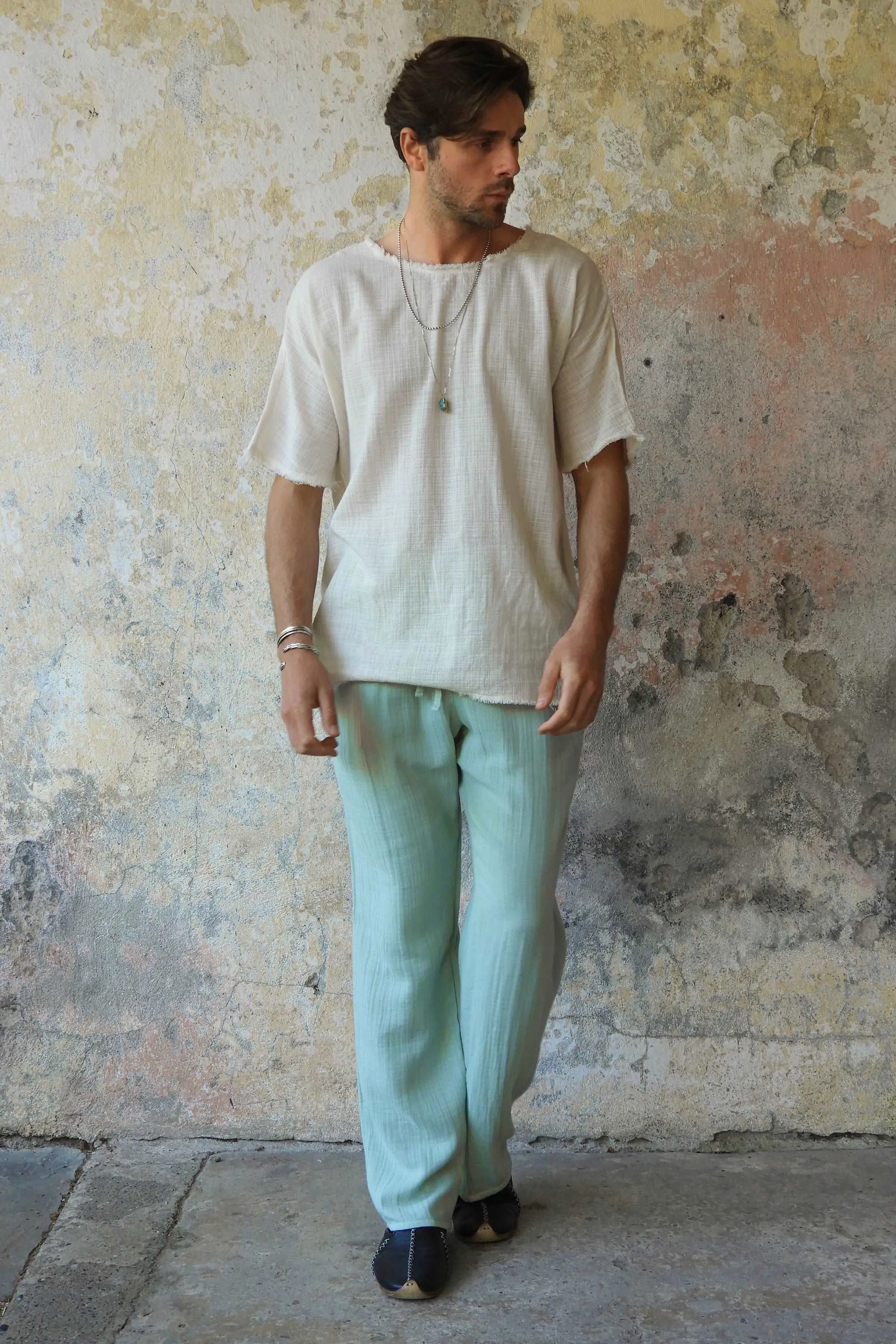 DUNE Men's Organic Gauze Cotton Pants (Army Green, Dusty Mint)