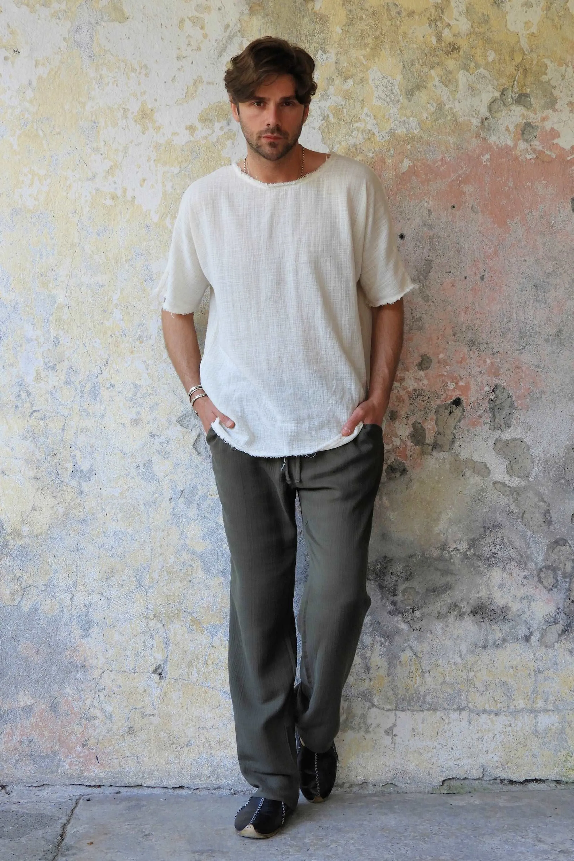 DUNE Men's Organic Gauze Cotton Pants (Army Green, Dusty Mint)