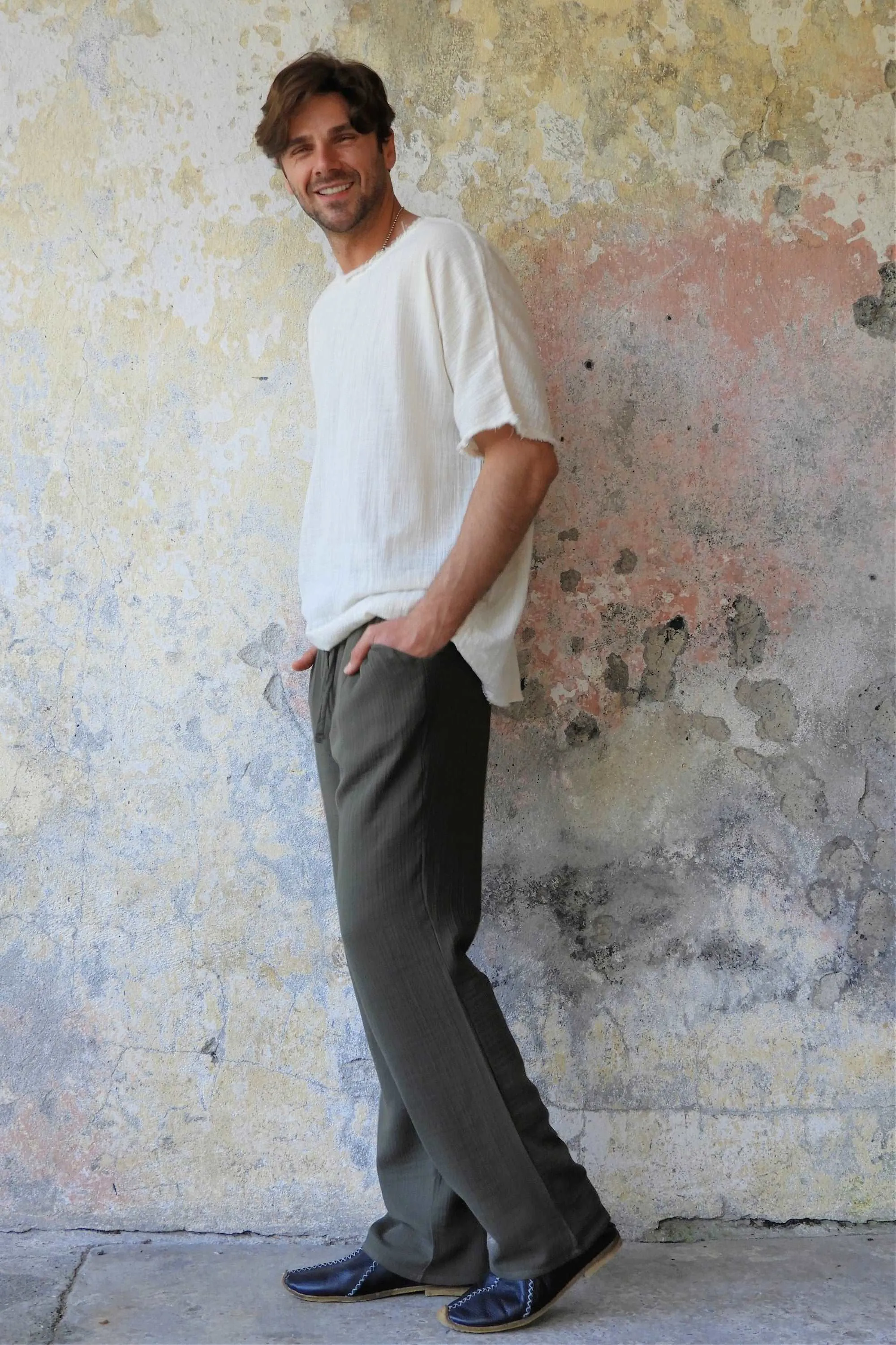 DUNE Men's Organic Gauze Cotton Pants (Army Green, Dusty Mint)