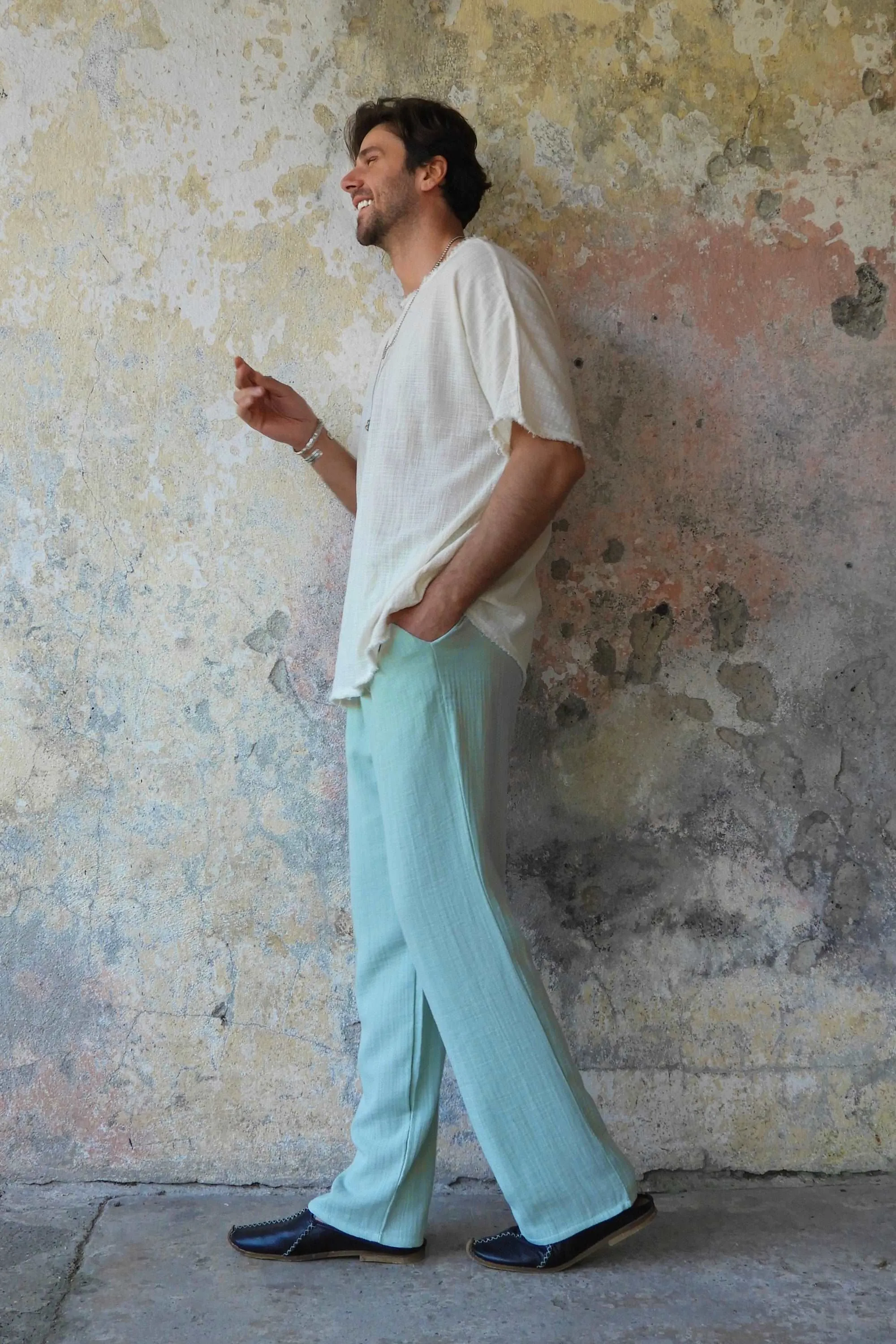 DUNE Men's Organic Gauze Cotton Pants (Army Green, Dusty Mint)