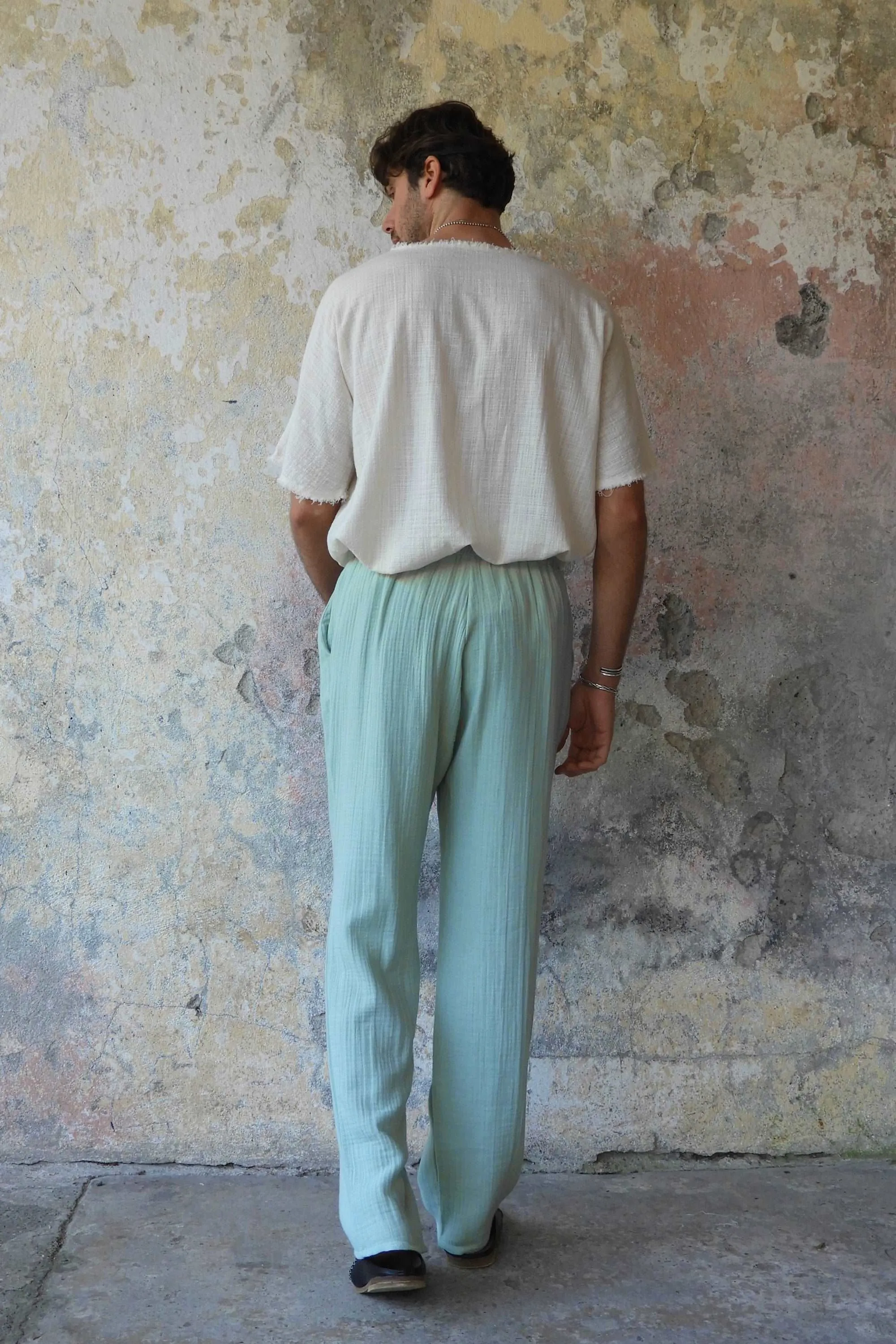DUNE Men's Organic Gauze Cotton Pants (Army Green, Dusty Mint)
