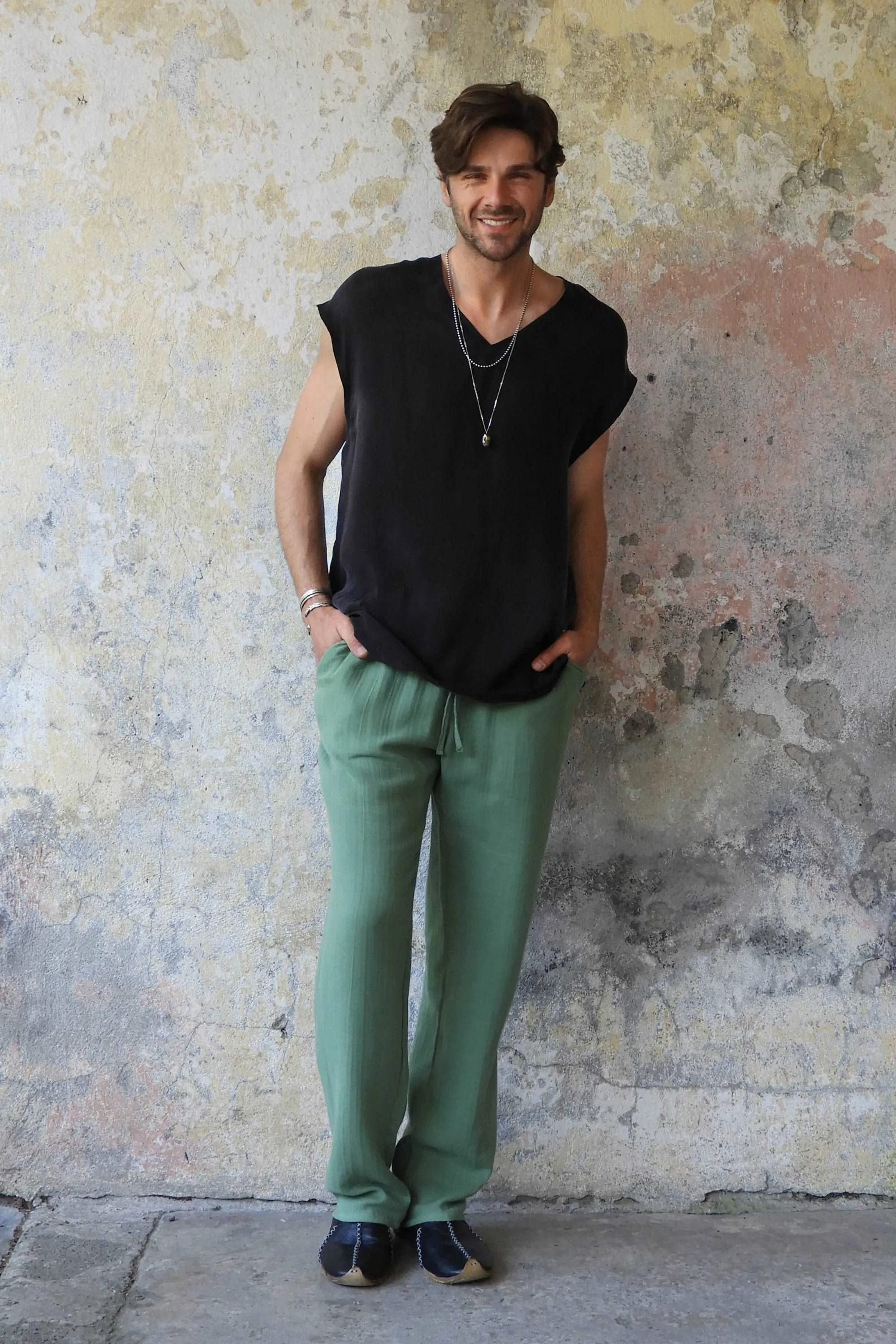 DUNE Men's Organic Gauze Cotton Pants (Dark Blue, Green)