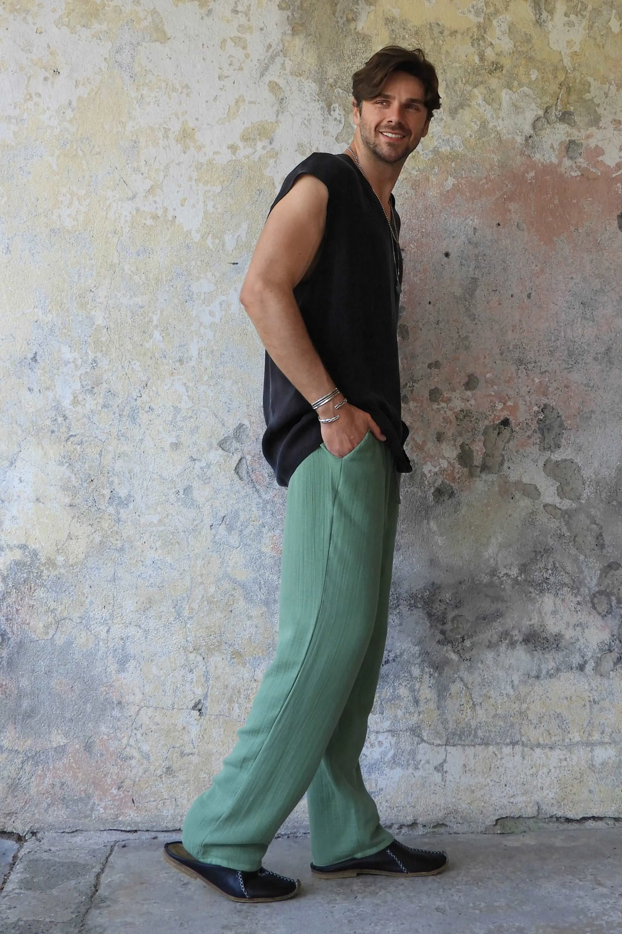DUNE Men's Organic Gauze Cotton Pants (Dark Blue, Green)