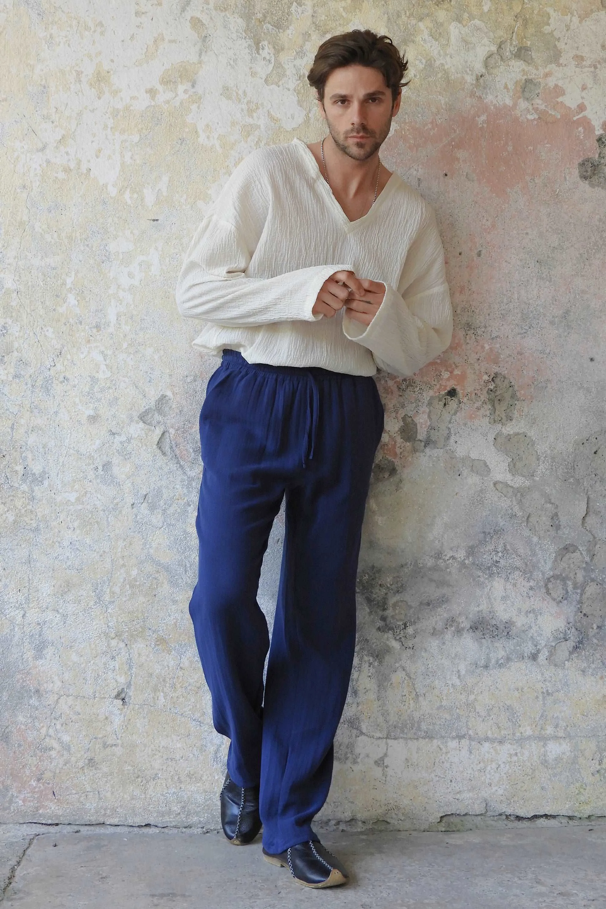 DUNE Men's Organic Gauze Cotton Pants (Dark Blue, Green)
