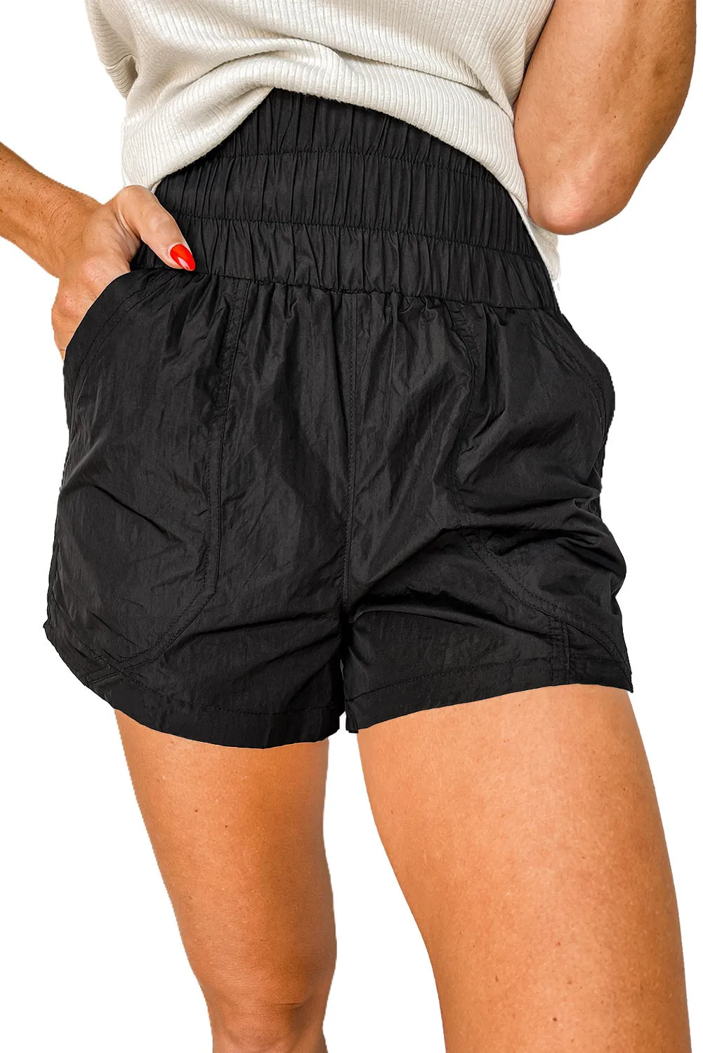 Elastic High Waist Side Pockets Shorts