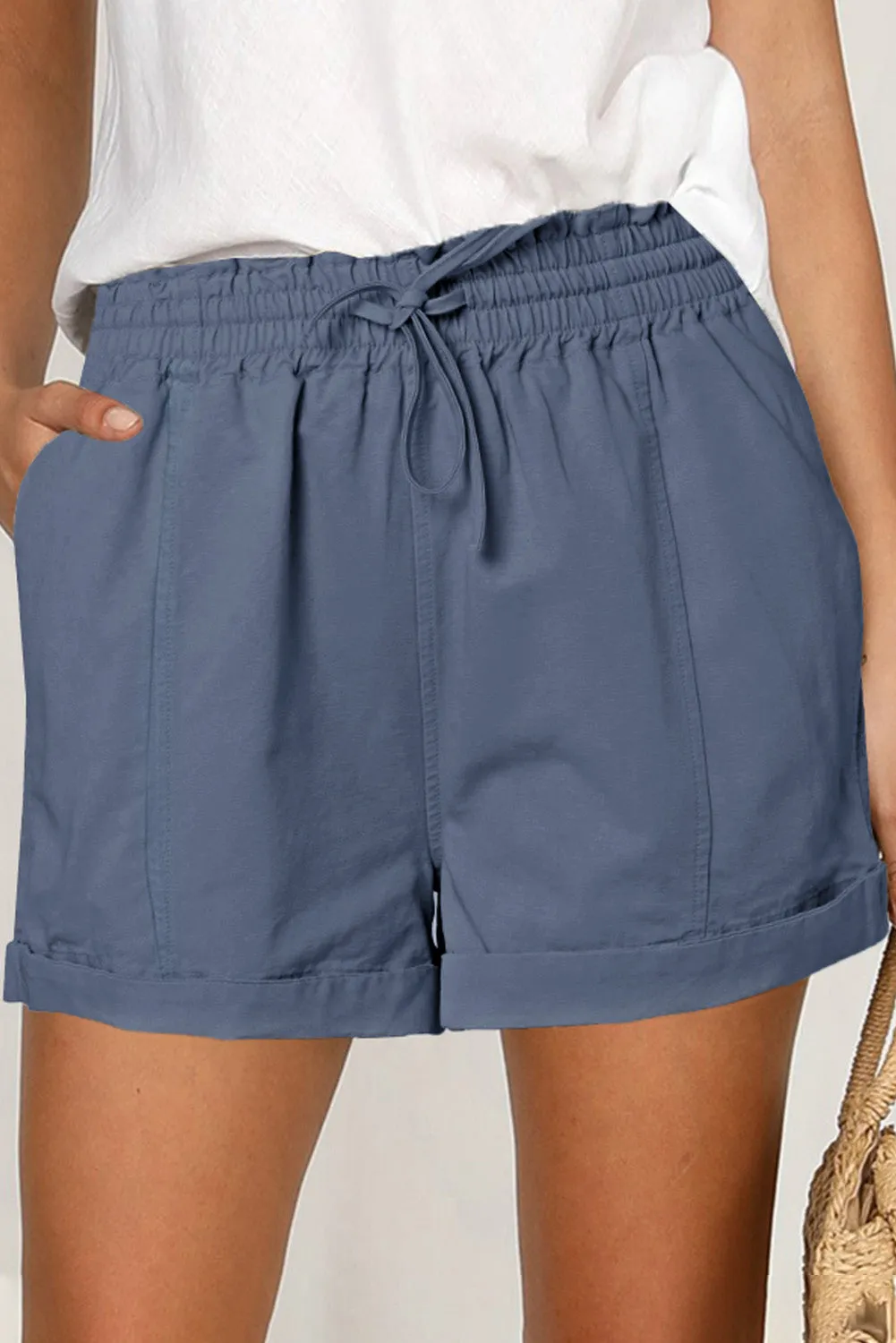 Elastic Waist Drawstring Roll Hem Shorts