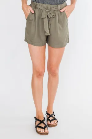 Elastic Waist Tie Shorts- Olive