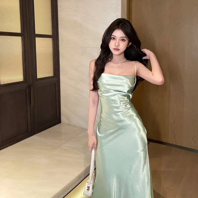 Eliya Satin Diagonal Cut Dress Women's Summer Elegant Sexy Beach Holiday Evening Dress Jy24135gng