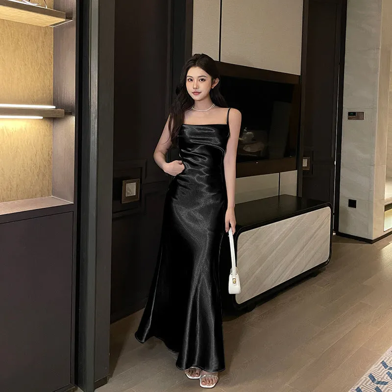 Eliya Satin Diagonal Cut Dress Women's Summer Elegant Sexy Beach Holiday Evening Dress Jy24135gng