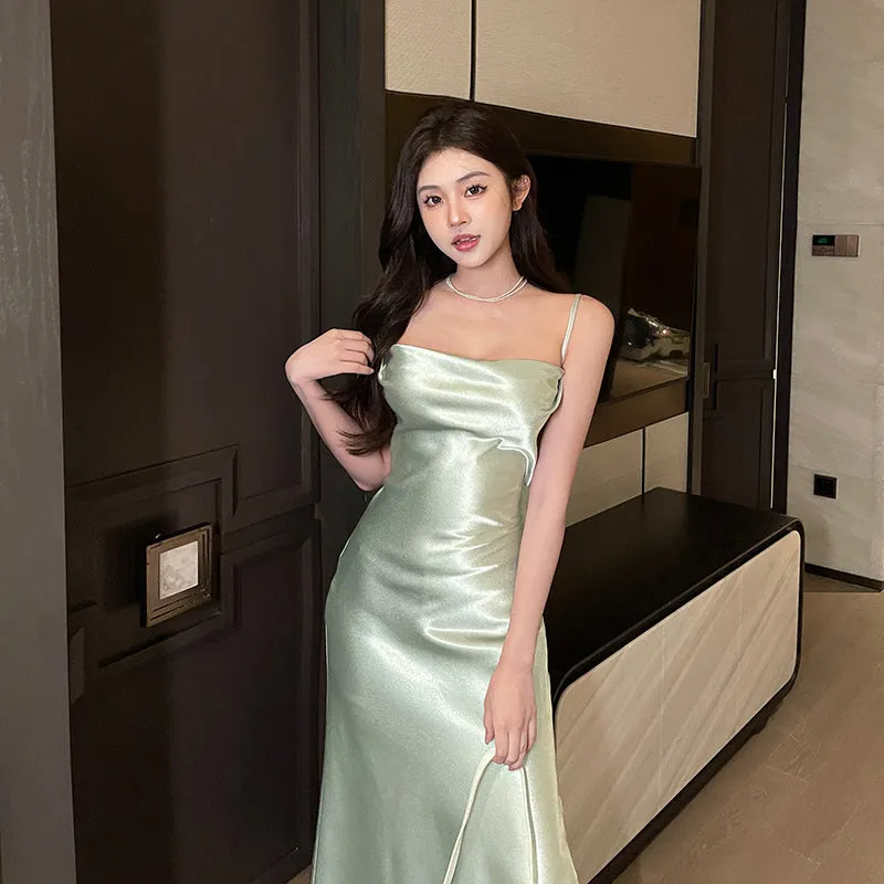 Eliya Satin Diagonal Cut Dress Women's Summer Elegant Sexy Beach Holiday Evening Dress Jy24135gng