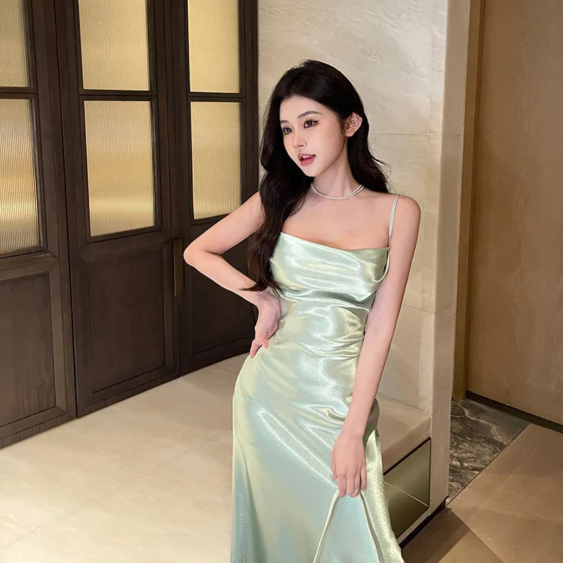 Eliya Satin Diagonal Cut Dress Women's Summer Elegant Sexy Beach Holiday Evening Dress Jy24135gng