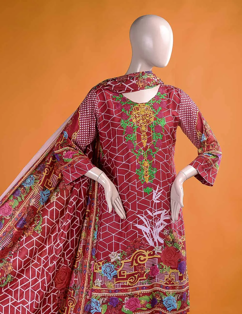 FR-2B - Abstracted Art  |  Linen Embroidered & Printed Unstitched Dress