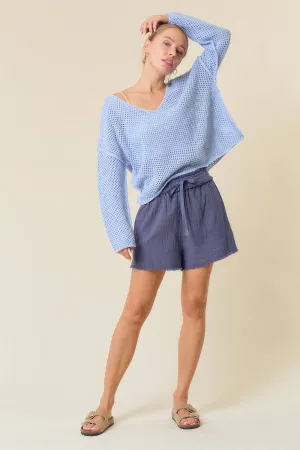 FRAYED COTTON GAUZE SHORTS W/ WIDE ELASTIC WAIST