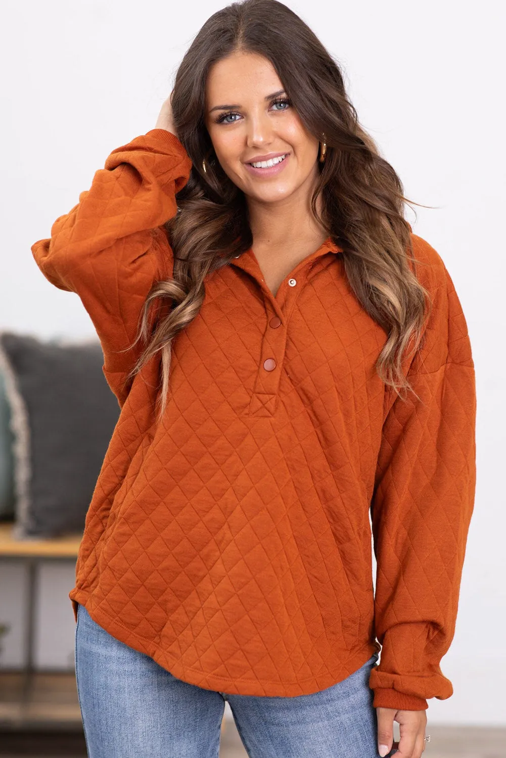 Gold Flame Lattice Textured Button Neck Pocketed Hoodie