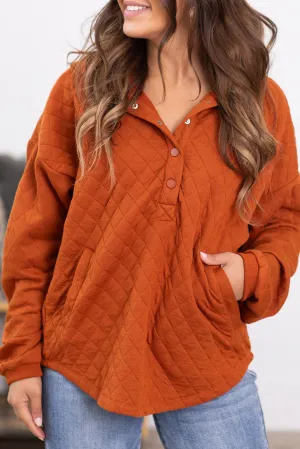 Gold Flame Lattice Textured Button Neck Pocketed Hoodie