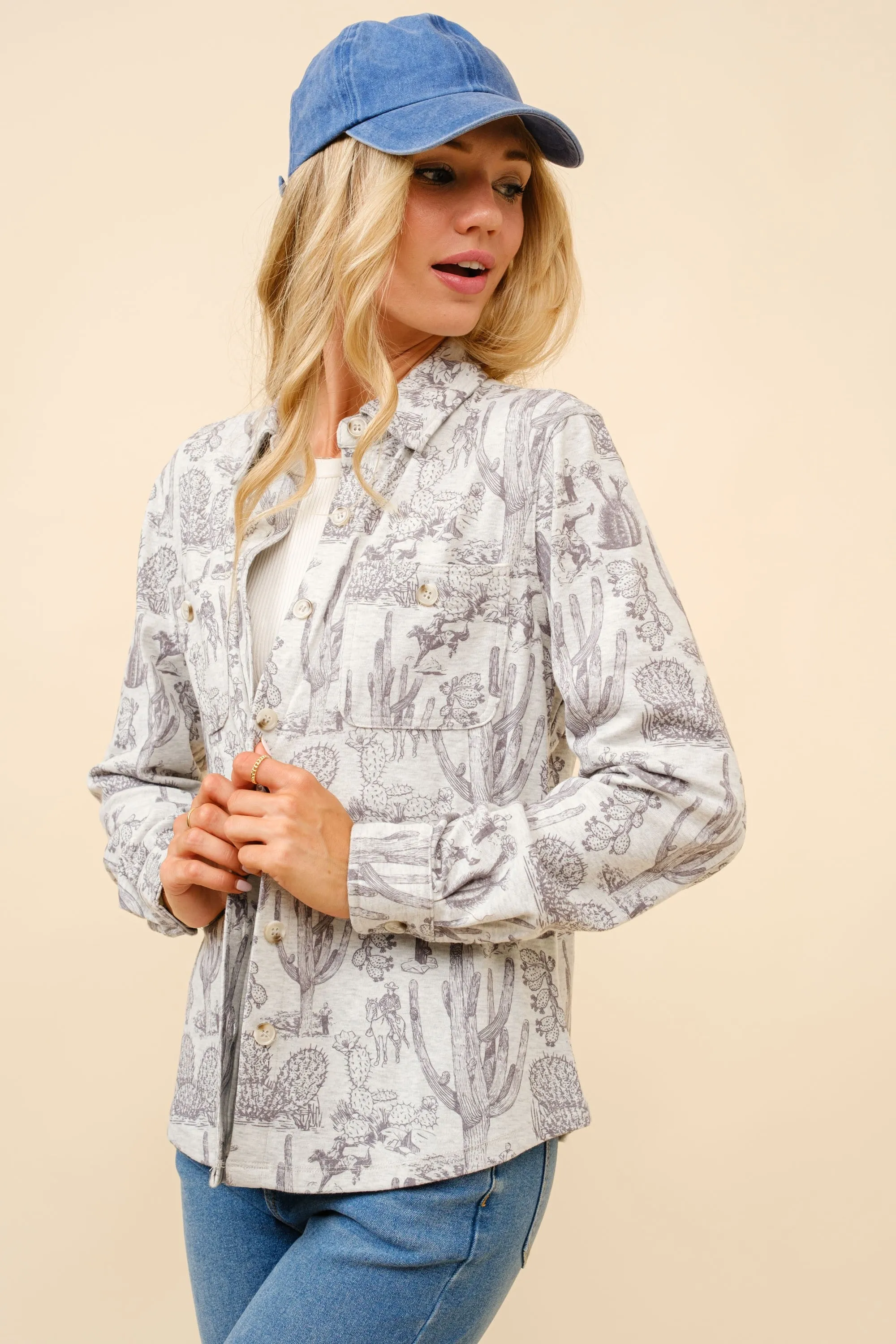 Grace Brushed Western Cactus Print Shirt Jacket