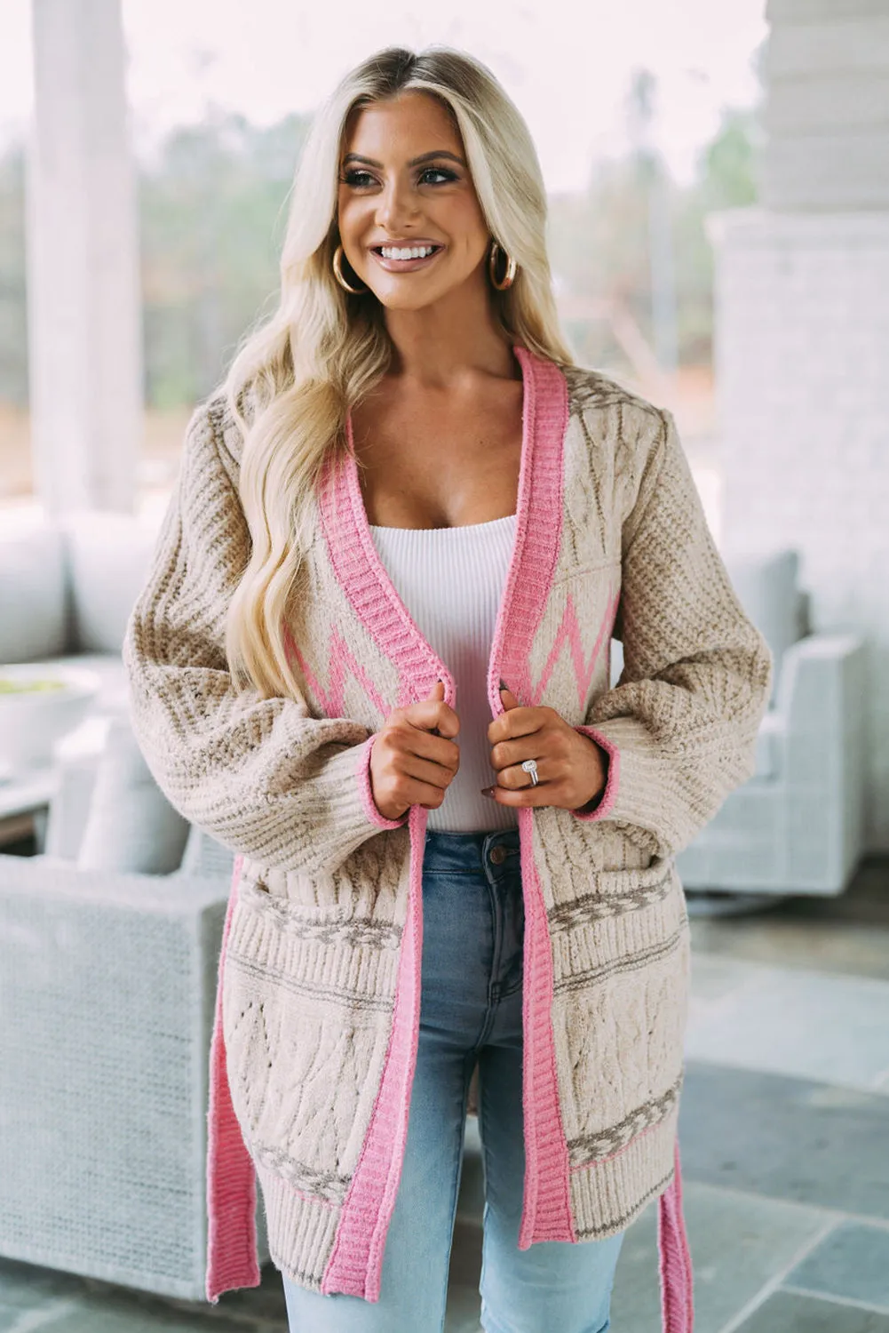 Gray Colorblock Cable Knit Pocketed Open Front Cardigan