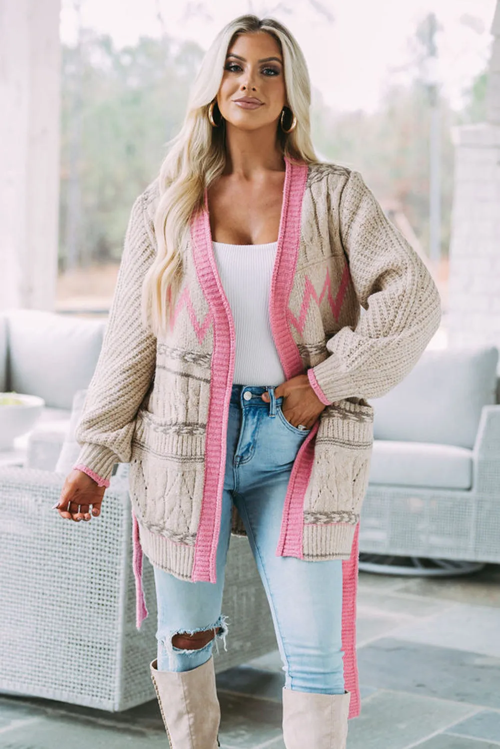 Gray Colorblock Cable Knit Pocketed Open Front Cardigan