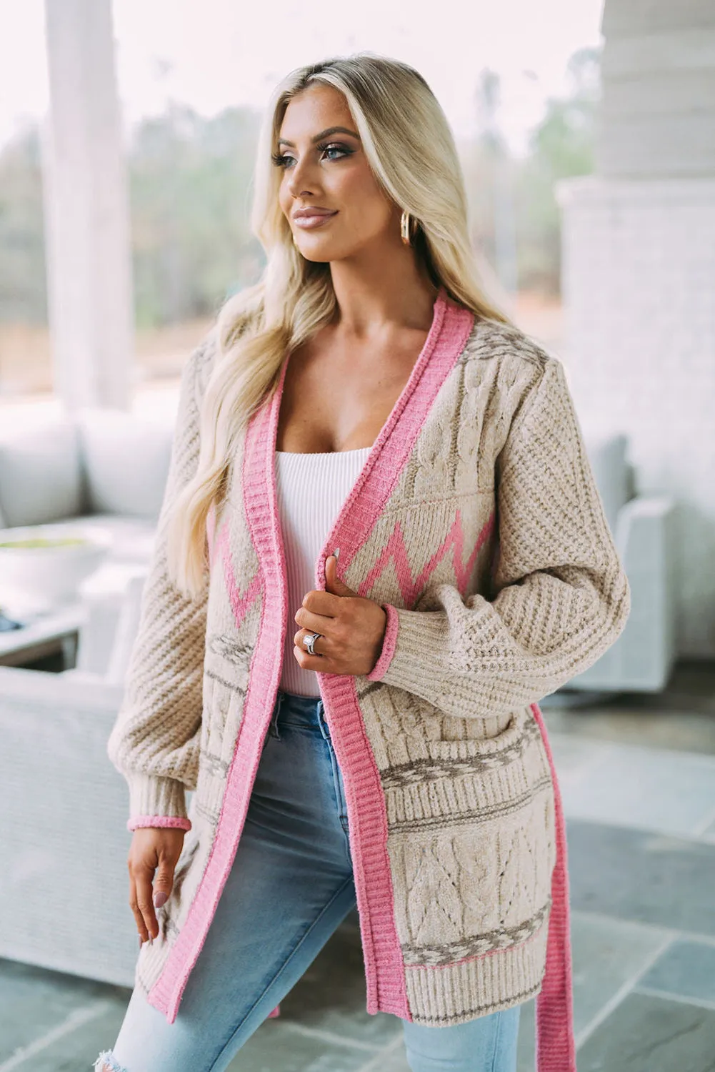 Gray Colorblock Cable Knit Pocketed Open Front Cardigan