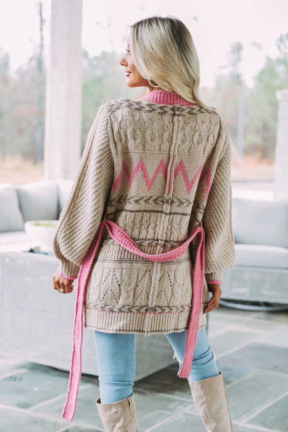Gray Colorblock Cable Knit Pocketed Open Front Cardigan