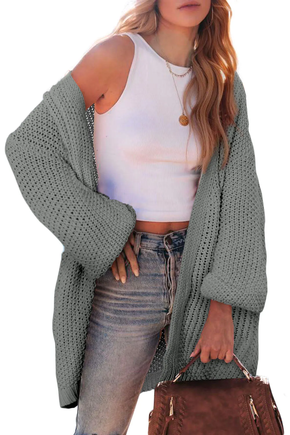 Gray Multicolor Hollowed Stripe Knit Slouchy Pocketed Cardigan