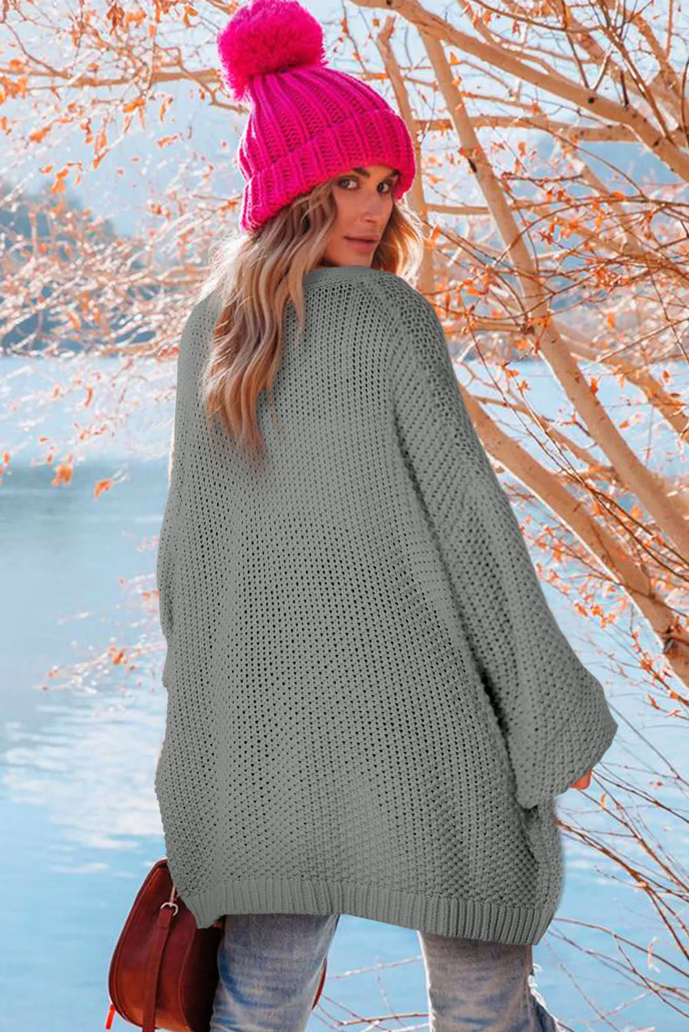 Gray Multicolor Hollowed Stripe Knit Slouchy Pocketed Cardigan
